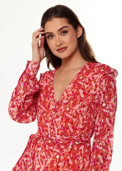 Women’s Midi Dress with Frills in Red - Elegant Floral & Foil Print, Short Sleeve, Stylish Choice by Liquorish