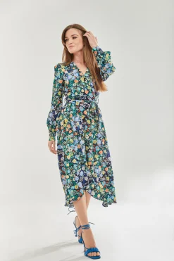 Women's Midi Dress with Full-Length Sleeves in Multicolour Floral Print by Liquorish