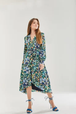 Women's Midi Dress with Full-Length Sleeves in Multicolour Floral Print by Liquorish