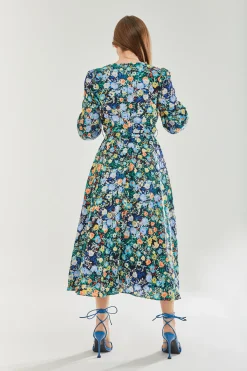 Women's Midi Dress with Full-Length Sleeves in Multicolour Floral Print by Liquorish