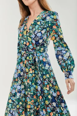 Women's Midi Dress with Full-Length Sleeves in Multicolour Floral Print by Liquorish