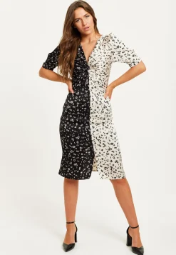 Women's Midi Dress with Heart Print and V Neck, Knot Front, Front Slit, Short Sleeves - Liquorish