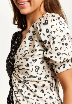 Women's Midi Dress with Heart Print and V Neck, Knot Front, Front Slit, Short Sleeves - Liquorish