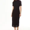 Women's Midi Dress with High Neck, Short Sleeves, Open Back Detail in Black - Liquorish