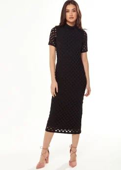 Women's Midi Dress with High Neck, Short Sleeves, Open Back Detail in Black - Liquorish