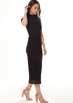 Women's Midi Dress with High Neck, Short Sleeves, Open Back Detail in Black - Liquorish