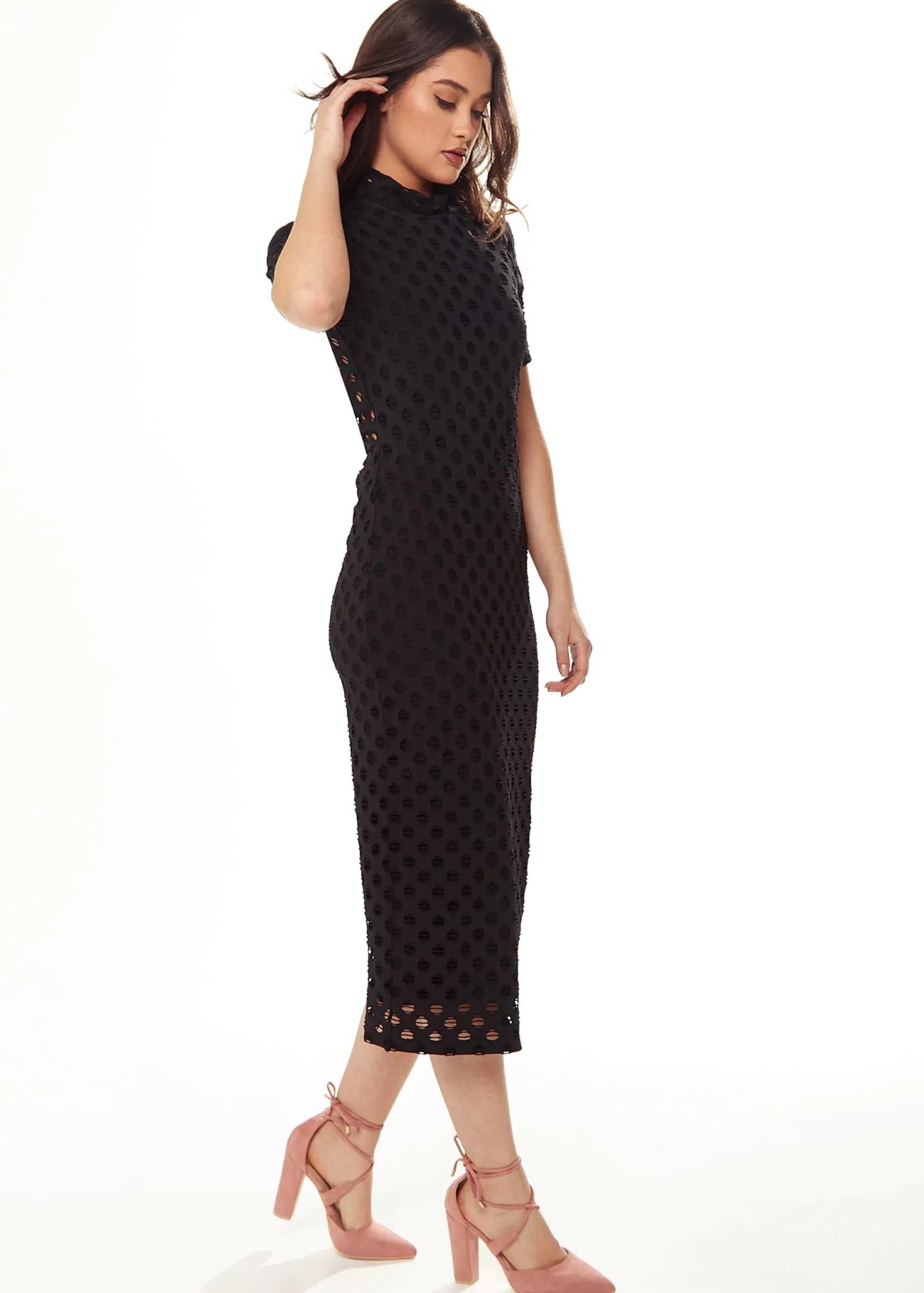 Women's Midi Dress with High Neck, Short Sleeves, Open Back Detail in Black - Liquorish