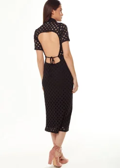 Women's Midi Dress with High Neck, Short Sleeves, Open Back Detail in Black - Liquorish
