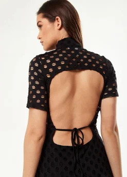 Women's Midi Dress with High Neck, Short Sleeves, Open Back Detail in Black - Liquorish