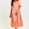 Women's Midi Dress with Kimono Sleeves in Peach - Abstract Animal Print by Liquorish