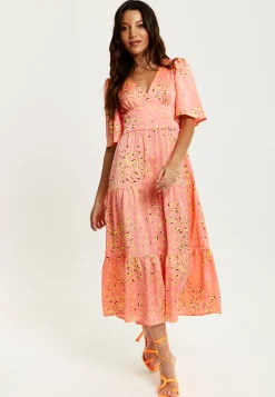 Women's Midi Dress with Kimono Sleeves in Peach - Abstract Animal Print by Liquorish