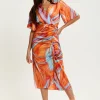 Women's Midi Dress with Kimono Sleeves and Abstract Brush Stroke Print in Orange - Liquorish