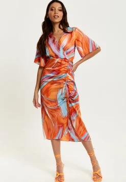 Women's Midi Dress with Kimono Sleeves and Abstract Brush Stroke Print in Orange - Liquorish