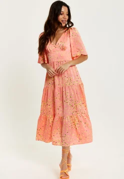 Women's Midi Dress with Kimono Sleeves in Peach - Abstract Animal Print by Liquorish
