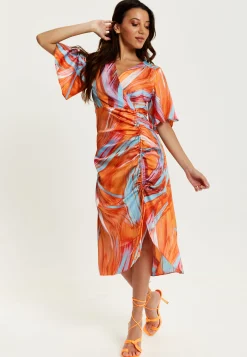 Women's Midi Dress with Kimono Sleeves and Abstract Brush Stroke Print in Orange - Liquorish