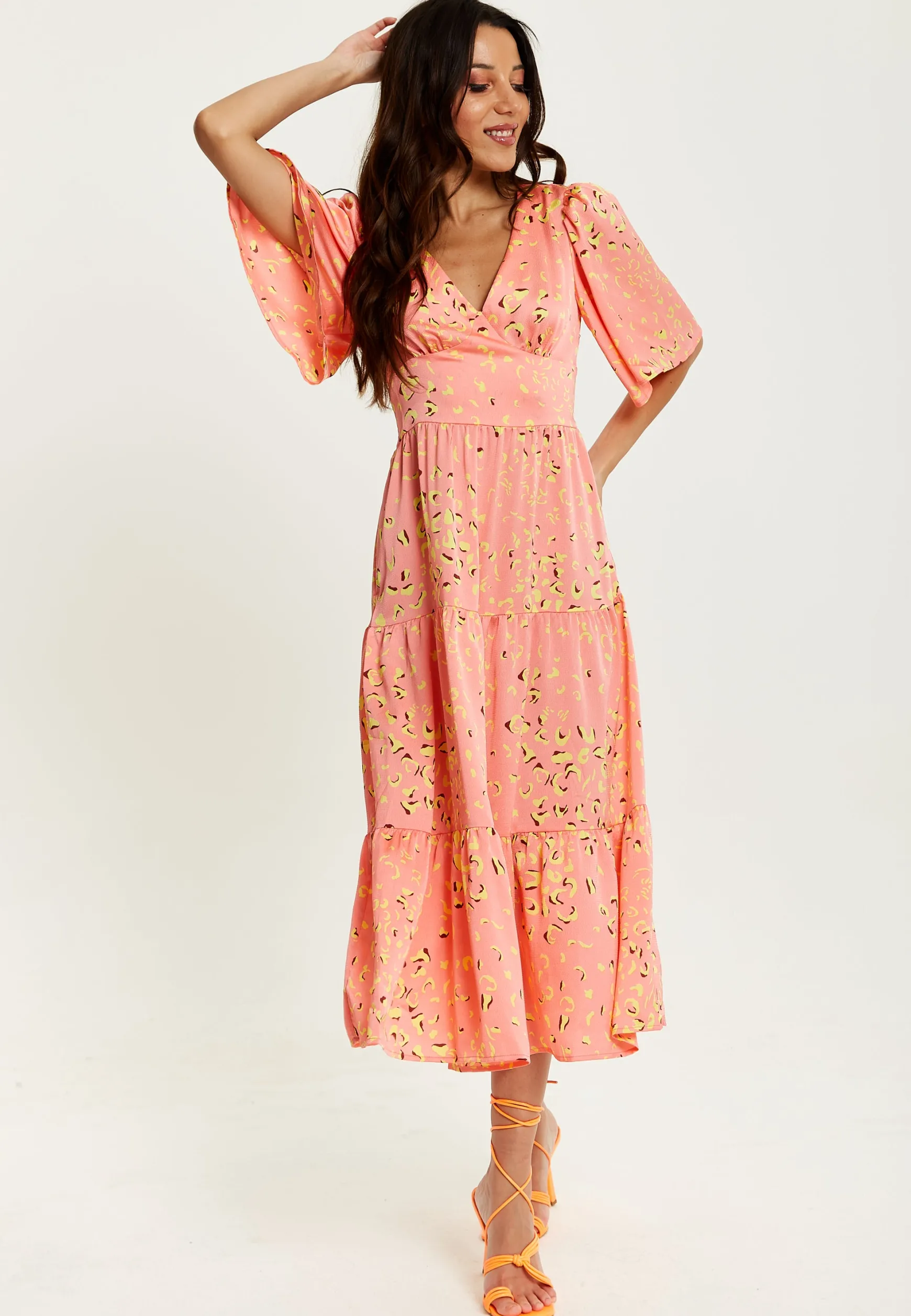 Women's Midi Dress with Kimono Sleeves in Peach - Abstract Animal Print by Liquorish