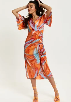 Women's Midi Dress with Kimono Sleeves and Abstract Brush Stroke Print in Orange - Liquorish