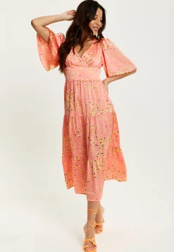 Women's Midi Dress with Kimono Sleeves in Peach - Abstract Animal Print by Liquorish