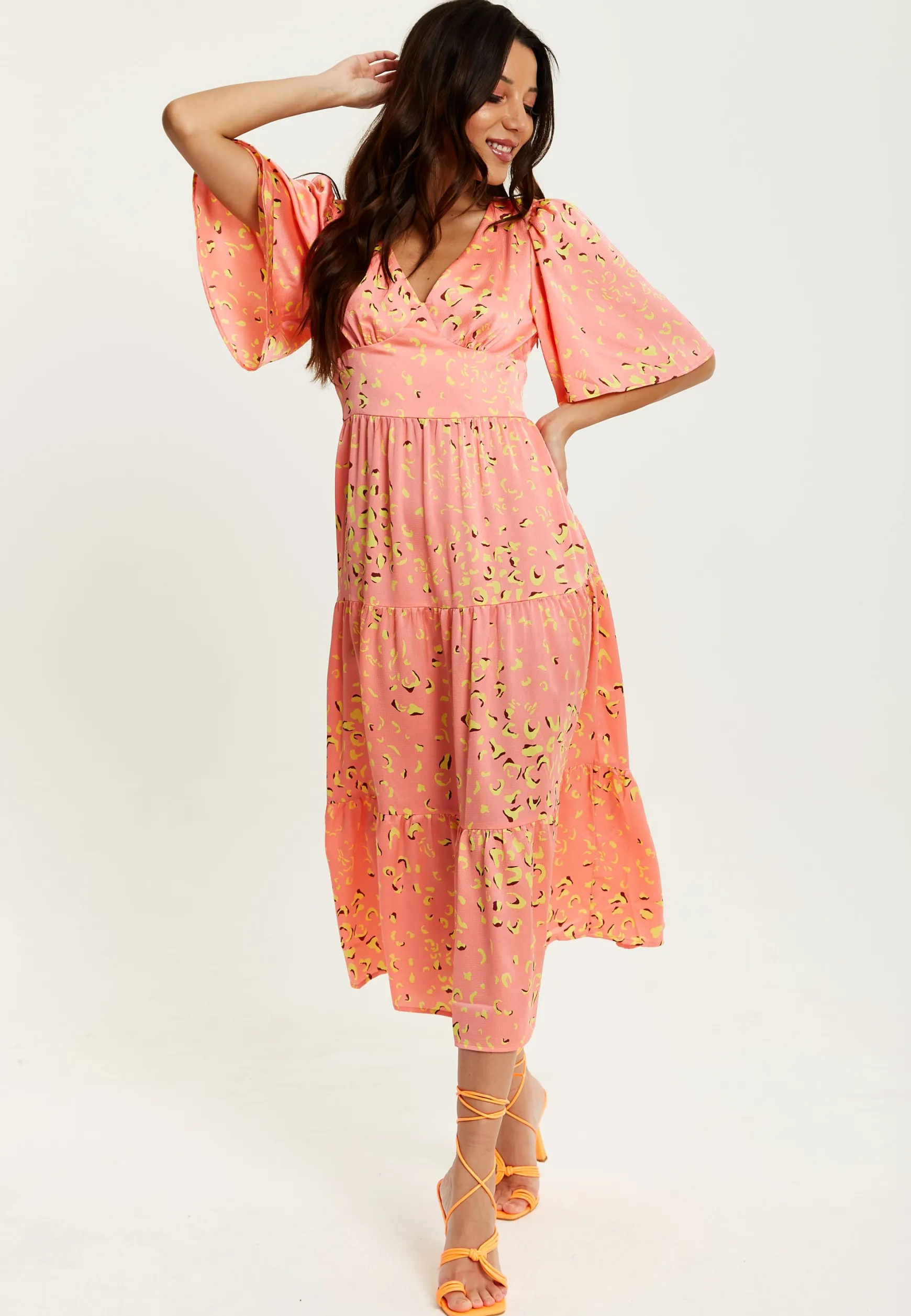 Women's Midi Dress with Kimono Sleeves in Peach - Abstract Animal Print by Liquorish