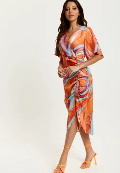Women's Midi Dress with Kimono Sleeves and Abstract Brush Stroke Print in Orange - Liquorish
