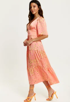Women's Midi Dress with Kimono Sleeves in Peach - Abstract Animal Print by Liquorish