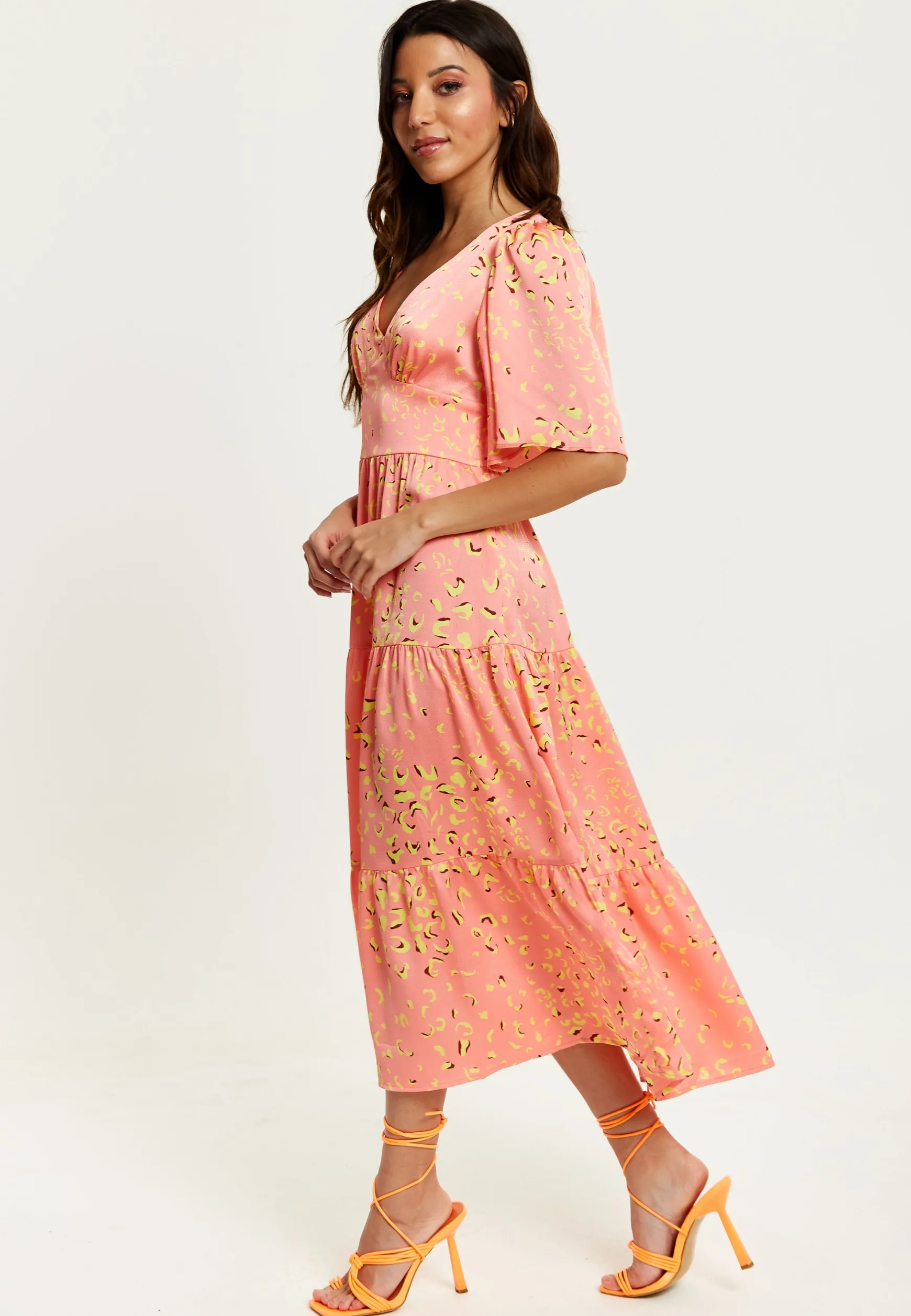 Women's Midi Dress with Kimono Sleeves in Peach - Abstract Animal Print by Liquorish