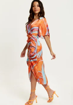 Women's Midi Dress with Kimono Sleeves and Abstract Brush Stroke Print in Orange - Liquorish