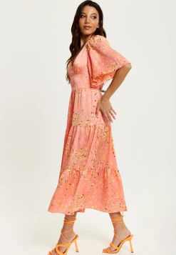 Women's Midi Dress with Kimono Sleeves in Peach - Abstract Animal Print by Liquorish