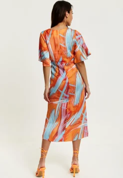 Women's Midi Dress with Kimono Sleeves and Abstract Brush Stroke Print in Orange - Liquorish