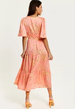 Women's Midi Dress with Kimono Sleeves in Peach - Abstract Animal Print by Liquorish