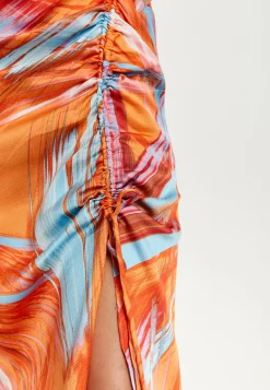 Women's Midi Dress with Kimono Sleeves and Abstract Brush Stroke Print in Orange - Liquorish