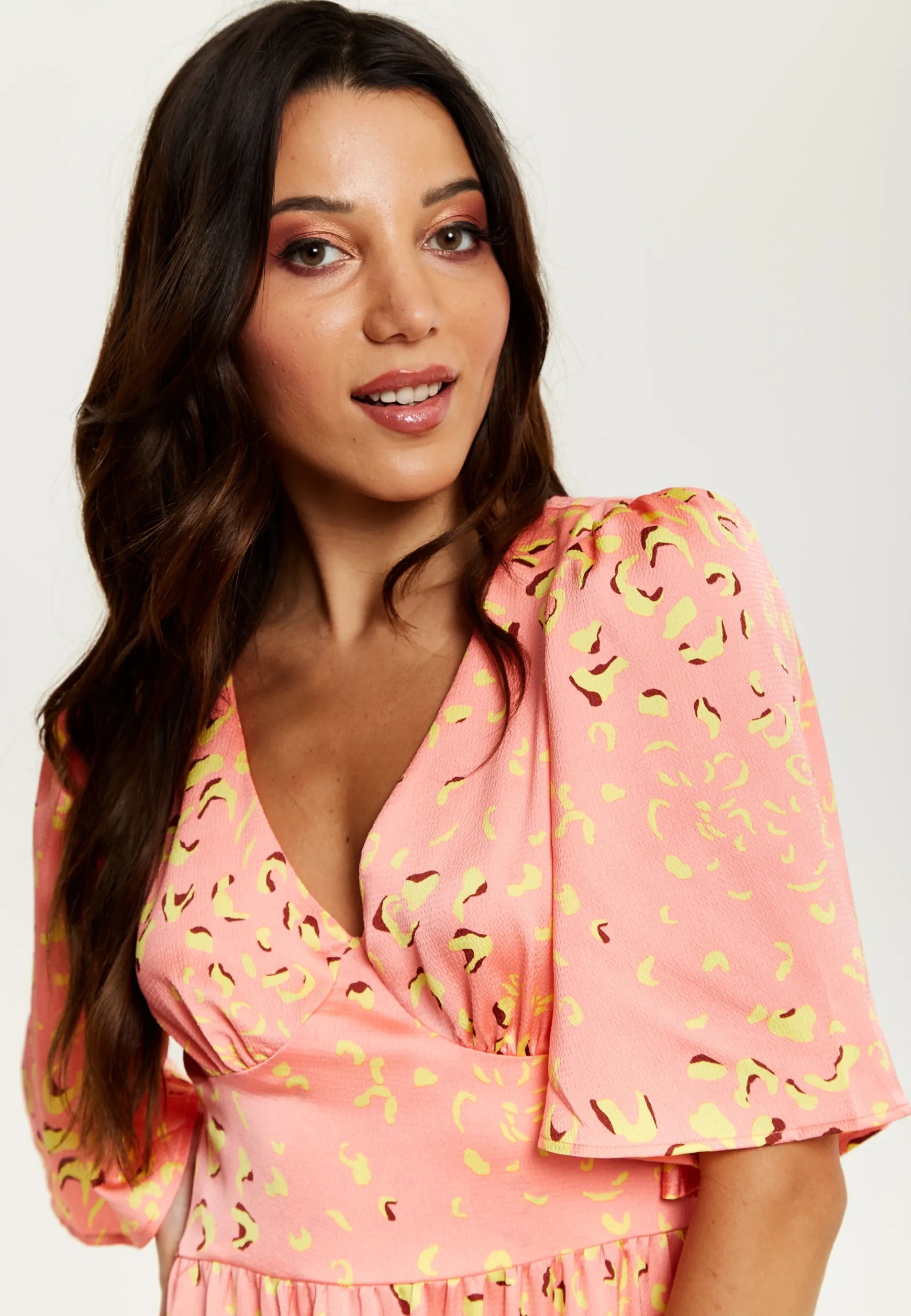 Women's Midi Dress with Kimono Sleeves in Peach - Abstract Animal Print by Liquorish