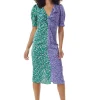 Women's Midi Dress with Knot Front and Short Sleeves in Green and Purple Abstract Print - Liquorish