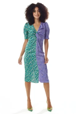 Women's Midi Dress with Knot Front and Short Sleeves in Green and Purple Abstract Print - Liquorish