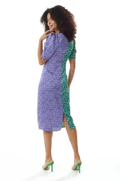 Women's Midi Dress with Knot Front and Short Sleeves in Green and Purple Abstract Print - Liquorish