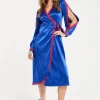 Women's Midi Dress with Long Sleeves in Royal Blue Satin - Elegant Wrap Style by Liquorish