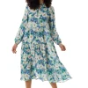 Women's Midi Dress with Long Sleeves - Divine Grace Blue Floral Smock Style - Relaxed Fit, Tie Neck - Liquorish