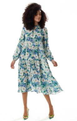 Women's Midi Dress with Long Sleeves - Divine Grace Blue Floral Smock Style - Relaxed Fit, Tie Neck - Liquorish