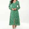 Women's Midi Dress with Long Sleeves in Green - Floral & Heart Print by Liquorish