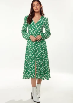 Women's Midi Dress with Long Sleeves in Green - Floral & Heart Print by Liquorish