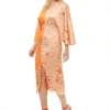 Women's Midi Dress with Long Kimono Sleeves in Orange Oriental Print - Liquorish