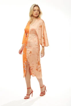 Women's Midi Dress with Long Kimono Sleeves in Orange Oriental Print - Liquorish