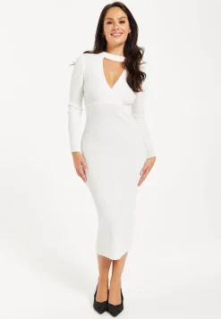 Women’s Midi Dress with Long Sleeves in White - Cut Out Front Ribbed Knit Design by Liquorish