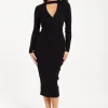 Women's Midi Dress with Long Sleeves and Cut Out Front in Black - Stylish Ribbed Knit by Liquorish
