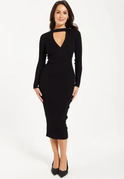 Women's Midi Dress with Long Sleeves and Cut Out Front in Black - Stylish Ribbed Knit by Liquorish