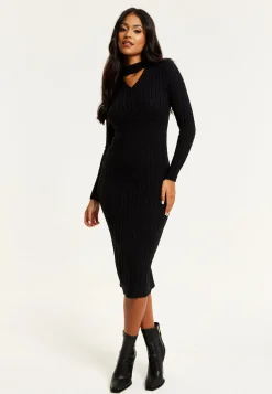 Women's Midi Dress with Long Sleeves and Cut Out Front in Black - Cable Knit Style by Liquorish