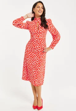 Women's Midi Dress with Long Balloon Sleeves in Red - Heart Print Elegance by Liquorish