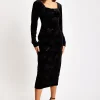 Women's Midi Dress with Long Balloon Sleeves in Black Velvet - Corset Detail by Liquorish
