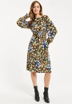 Women's Midi Dress with Long Balloon Sleeves in Floral Print and Smock Waist - Liquorish