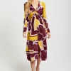 Women's Midi Dress with Long Sleeves in Mustard and Burgundy - Geometric Floral Print by Liquorish